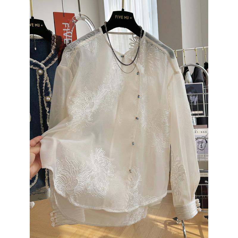 Elegant Chinese Embroidery Lace Organza Long-Sleeve Top for Women Medium