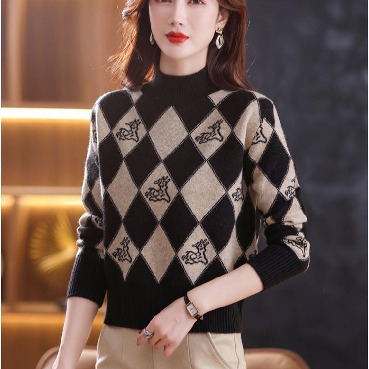 Fall/Winter Vintage Jacquard Sweater Women High Neck Knit Sweater Short Thick Loose Print Knitwear Top Jumper