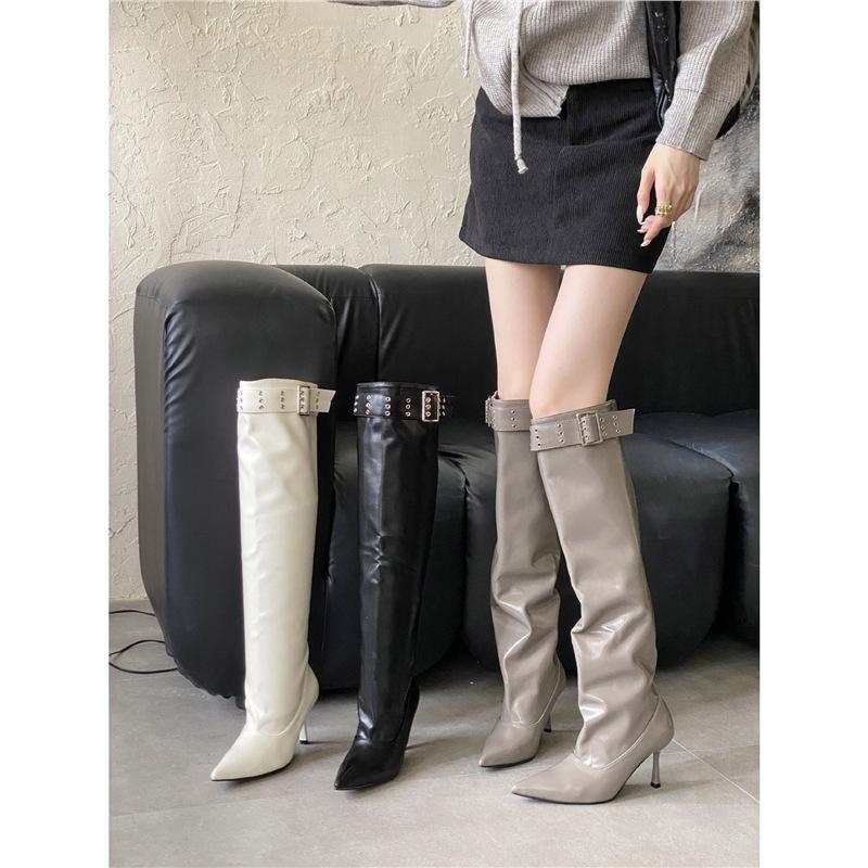 2025 Autumn and Winter New Pointed Thin Heel High Heel Thin Belt Buckle Wide Tube Straight Boots Tall Female Internet Celebrity Boots Female
