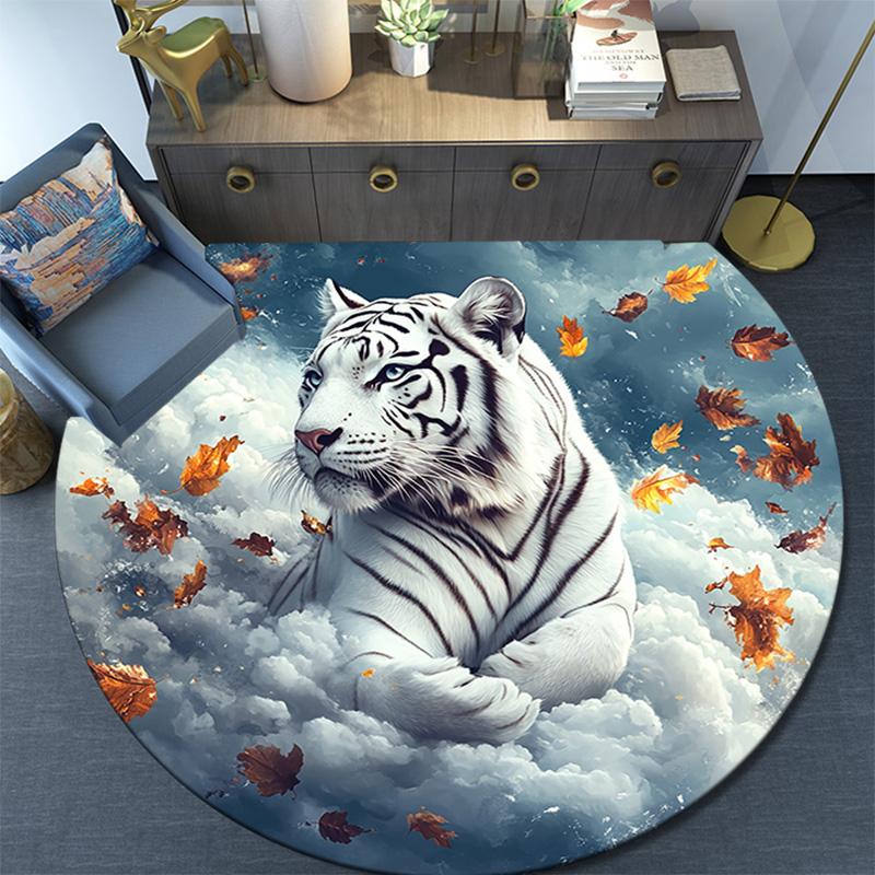 White Tiger with Falling Leaves Round Area Rug,Carpet Rug for Living Room Bedroom Sofa Playroom Decor,Non-slip Floor Mat