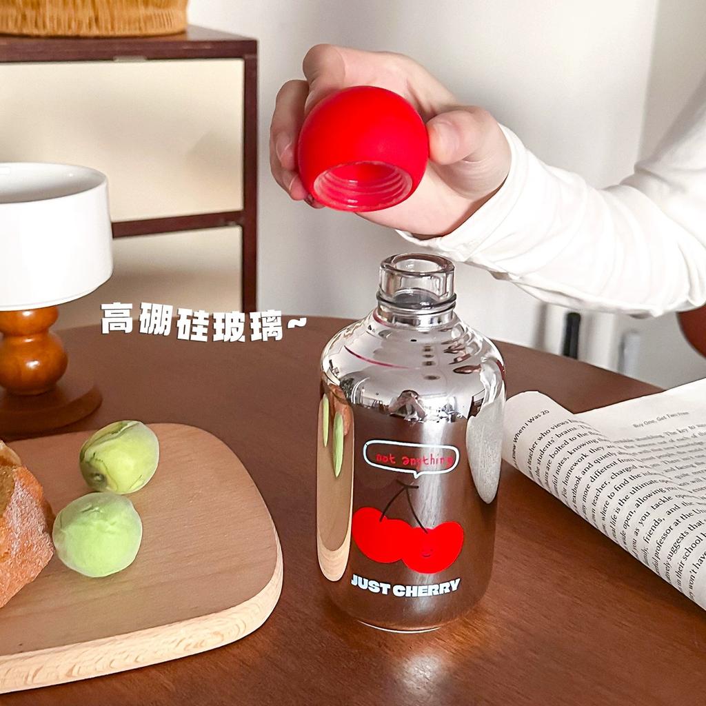 Cute Cherry Glass Cup Mirror Glass Bottle for Coffee Juice Matcha Tea Glass Portable Leak-proof Woman Glass Tumbler Water Bottle