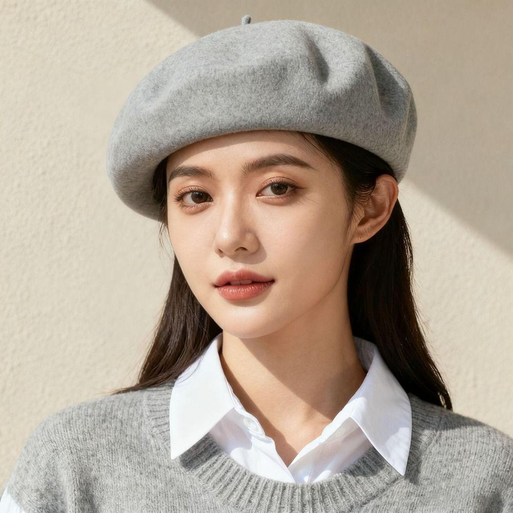 Elastic Women Wool Beret Plush Artistic Hat Vintage British Beanie Hat  Winter