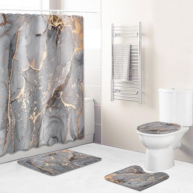 Grey Fashionable Golden Marble Patterned Bathroom Shower Curtain Waterproof