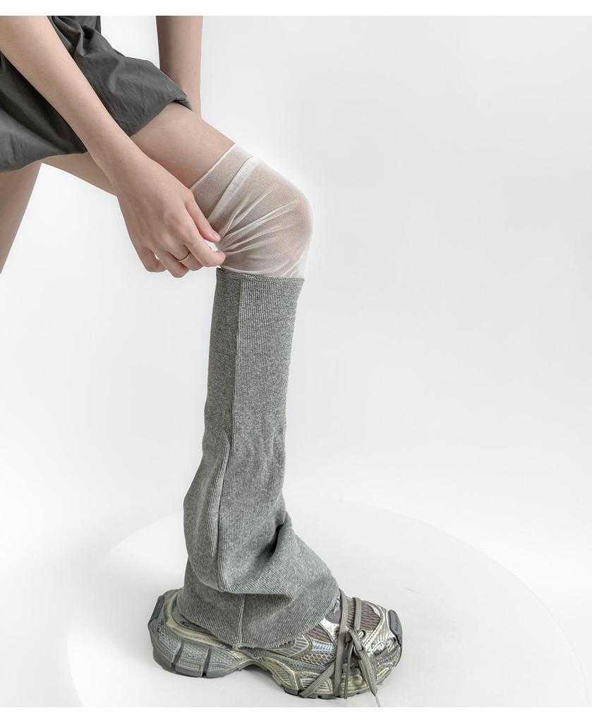 Japanese Style Mesh Patchwork Flared Leg Warmers - Light Gray Knit & White Ruched Tube Socks