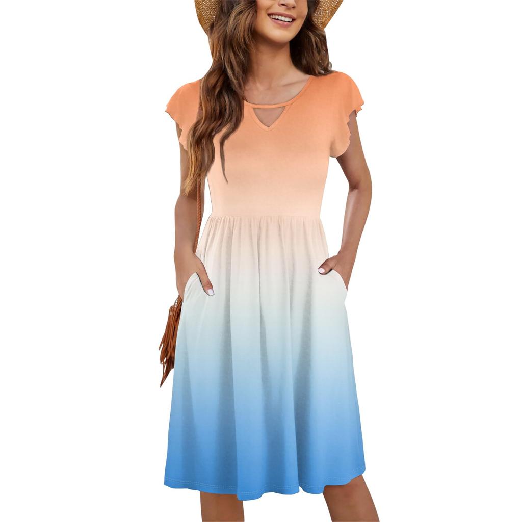 Women's Casual Fashion Sexy V-Neck Ruffle Sleeve Gradient Dress