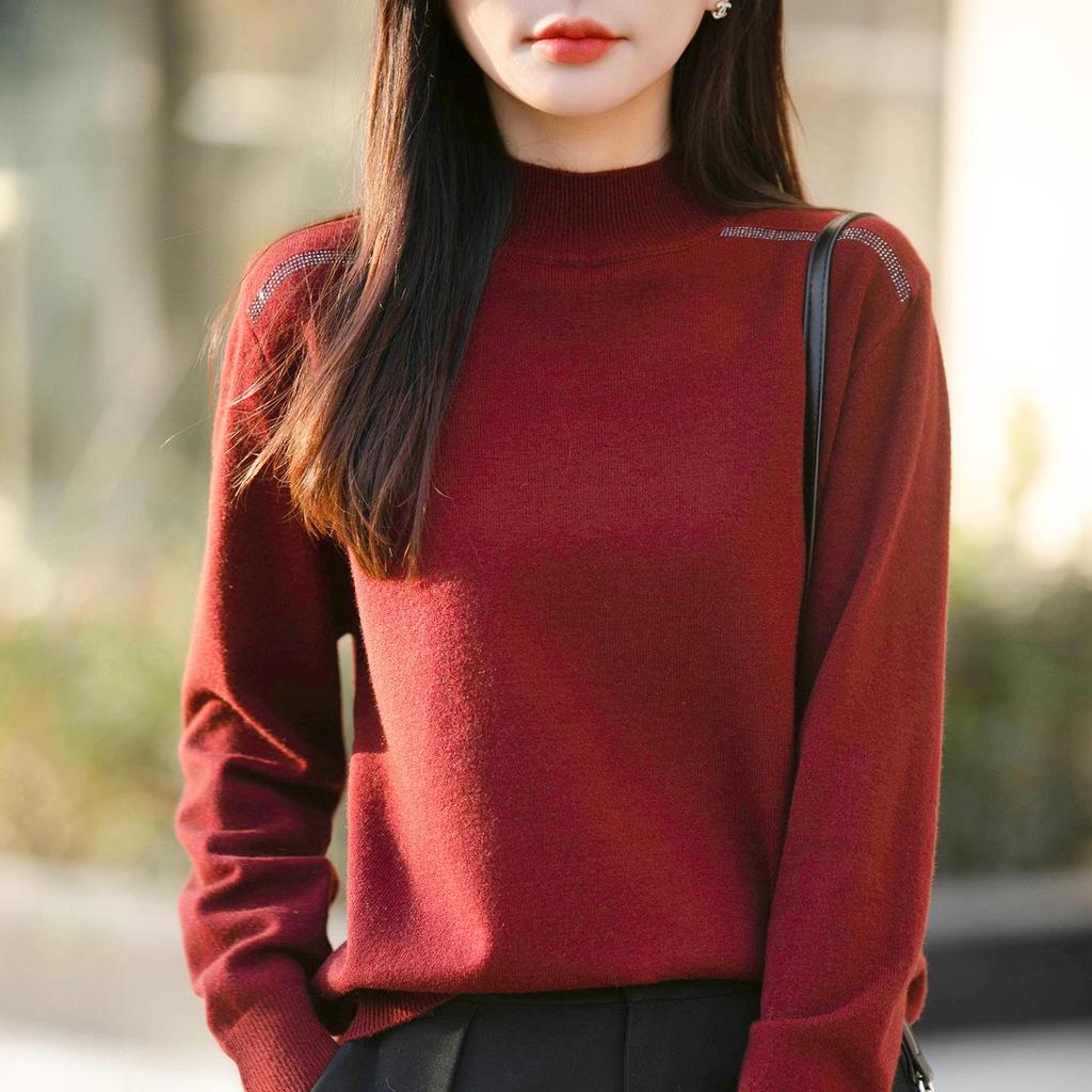 French Minimalist Rhinestone High Neck Knit Sweater for Women - 2025 Edition Thick Warm Base Layer