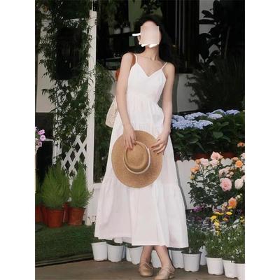 White V-neck Suspender Dress Women's Summer Casual New Thin Seaside Vacation Waist Dress