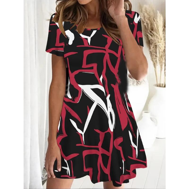 Sommer Damen 3D-Druck Rundhals Kurzarm Kleid Mode Vielseitig Trend Atmungsaktiv Lässig