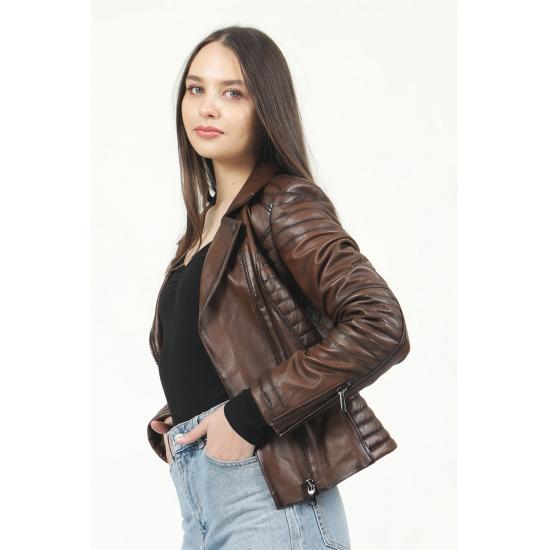 Damenjacke Yb-2164 Damenjacke aus echtem Leder mit Reißverschluss