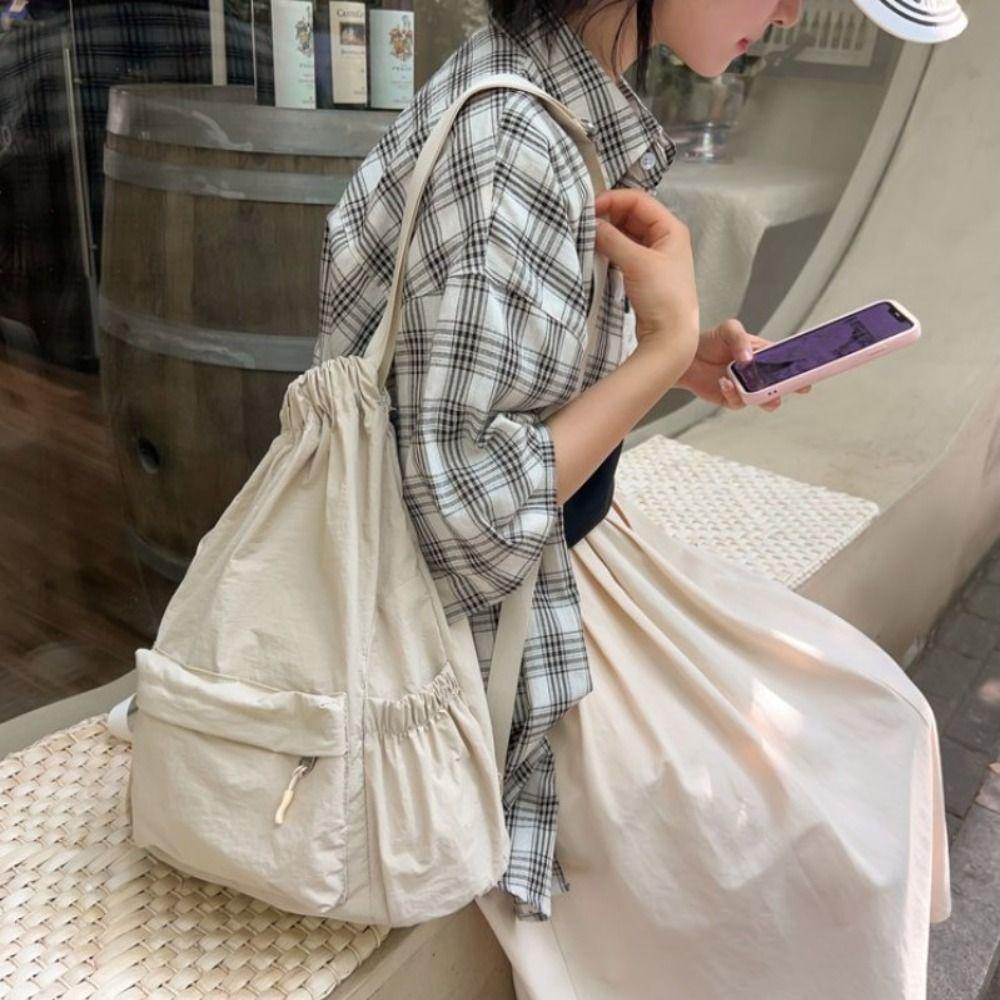 Light Weight Nylon Shoulder Bag Large Capacity High School Bag Drawstring Backpack Girls Boys