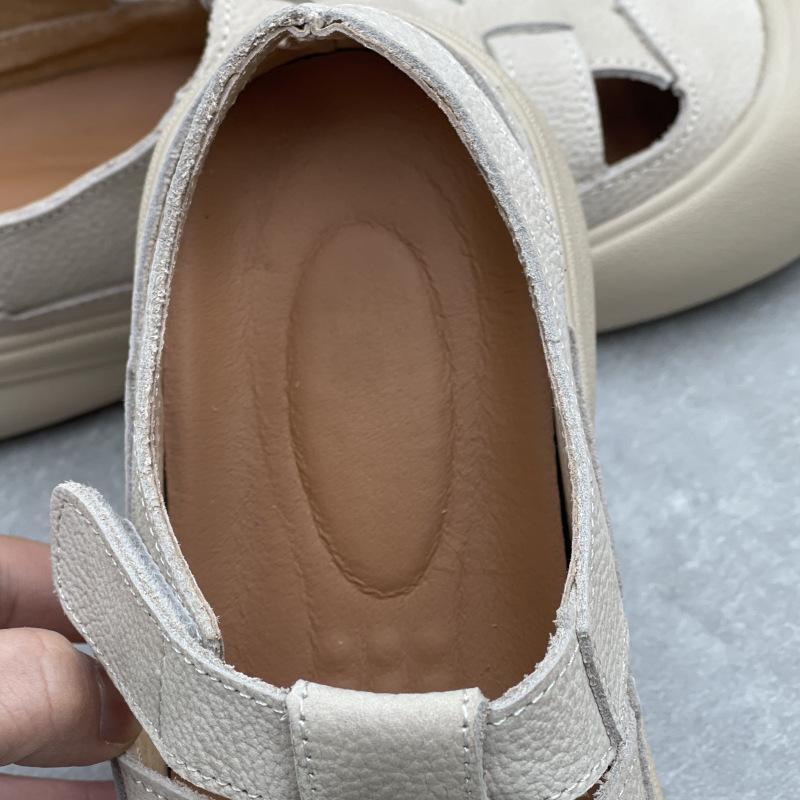 Johnature Жіночі повсякденні сандалі з натуральної шкіри з круглим носком, літні, з перфорацією, дихаючі, на м'якій підошві