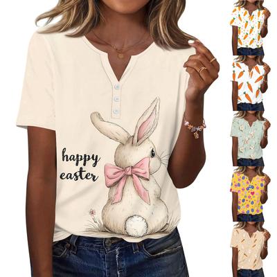 Camiseta feminina estampada botão manga curta diário fim de semana moda básica decote em v regular top