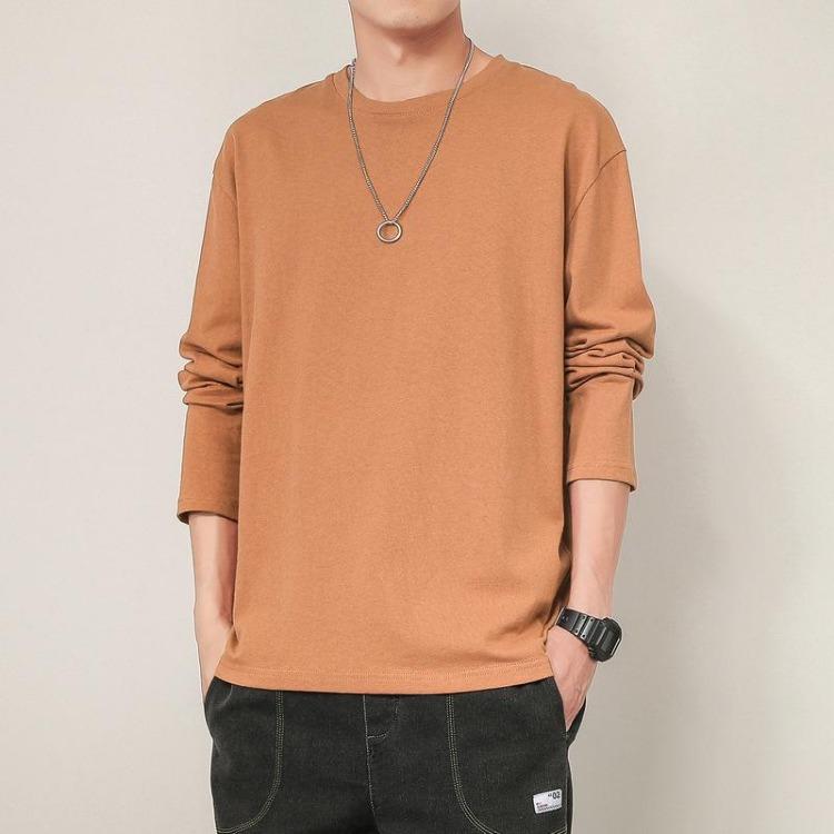Men Long Sleeve Cotton Top Breathable Fabric Regular Fit Solid Colors Casual Wear