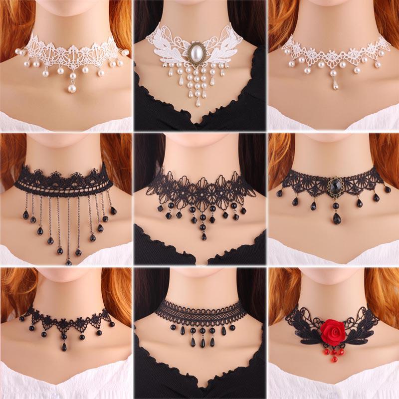 Party Black Beaded Flowers Sexy Lace Neck Choker Necklace Tassel Chain Women Halloween Jewelry