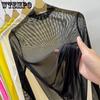 Ultra Thin Perspective Sun Protection Base Shirt for Women Summer Ice Silk Long Sleeved Shirt with A T-shirt and Thin Half High Collar Mesh Top