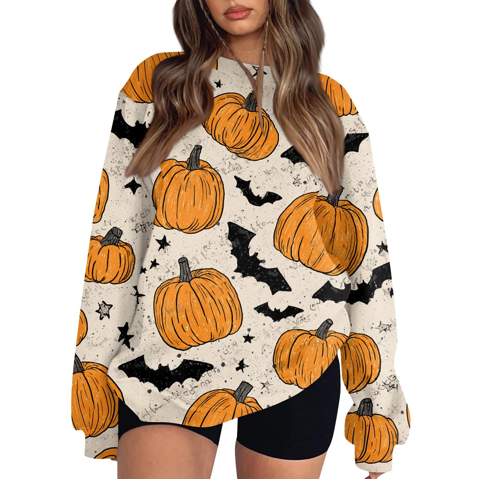 

Женский модный повседневный свитшот с длинным рукавом и принтом на Хэллоуин M бежевый