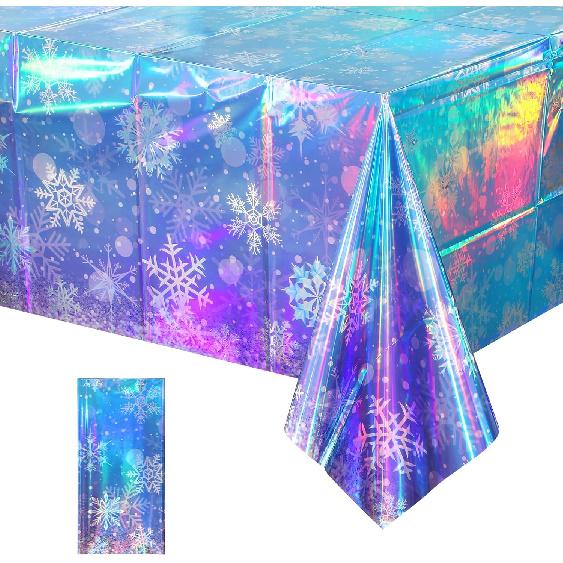 3 Pack Iridescent Winter Snowflake Plastic Tablecloth Decorations, Holographic Blue and Purple Snowflake Winter Wonderland Disposable Table Cover for 1