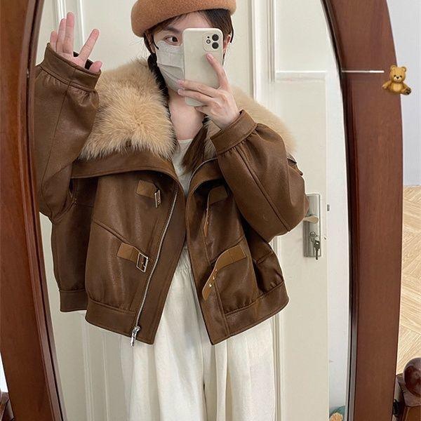 Fashion Faux Fox Fur Loose  Biker Jacket Women Coat Winter Outerwear