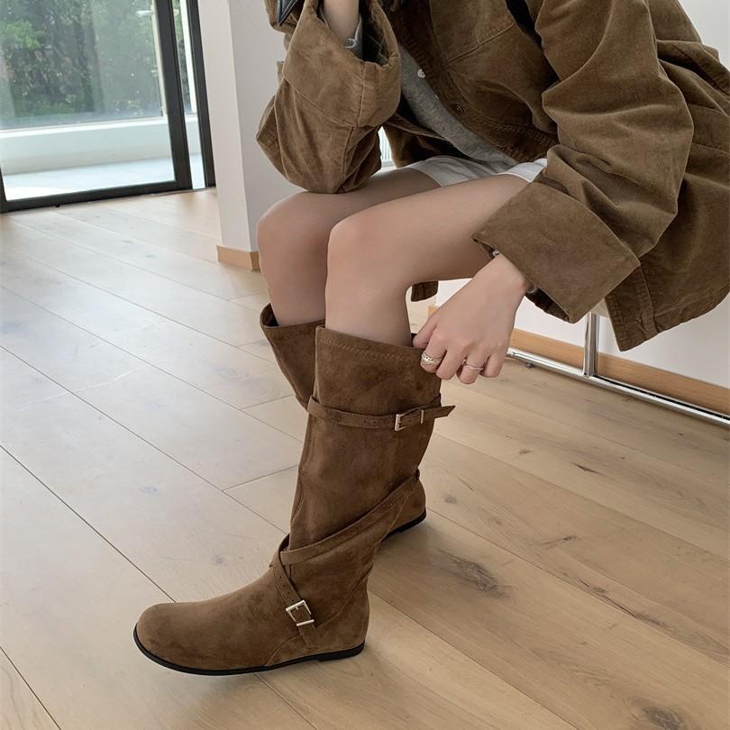 Black Boots Women's Long Boots American Daughter Style Autumn and Winter Retro Inner Height Increase But Knee Maillard Skinny Denim