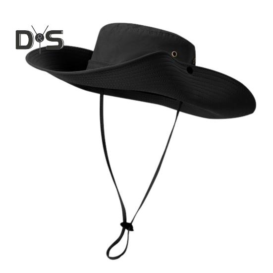 Men Fisherman Hat Flat Top Wide Brim Breathable Sun Hat Adjustable Windproof Drawstring Sun Protection Hat