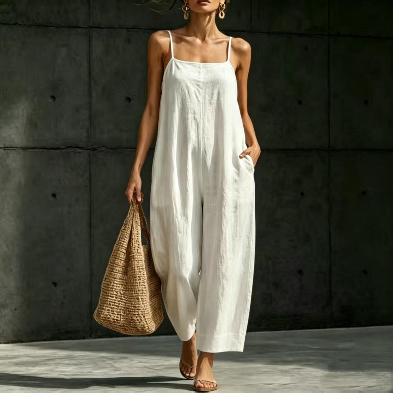 Women s Spaghetti Strap Loose Wide Leg Jumpsuit Casual Solid Color Sleeveless Long Romper with Pockets S