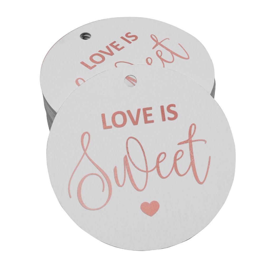 Inkdotpot 100 - Confezione da 100 etichette in carta stagnola color oro vero Love Is Sweet bomboniera da appendere