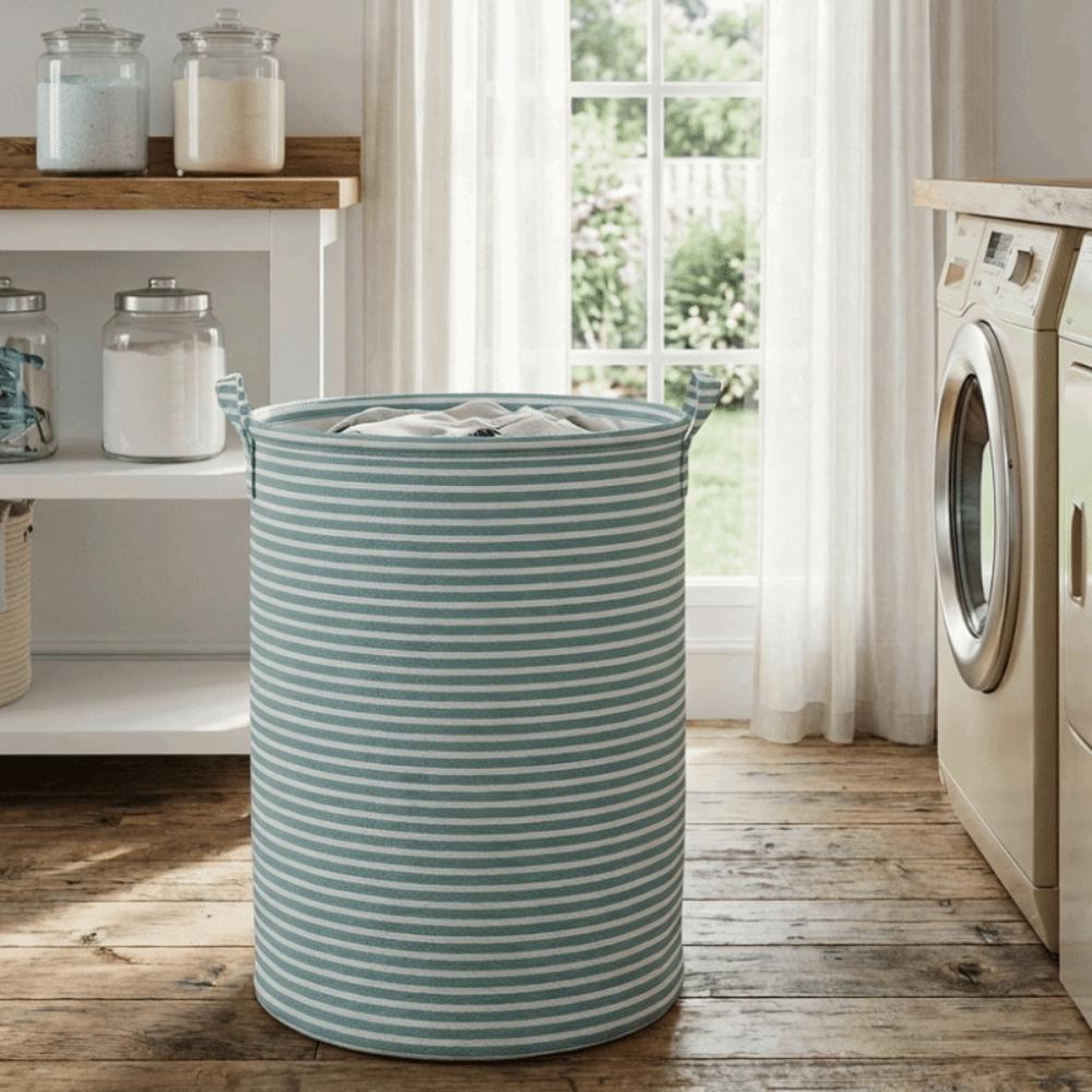 Non-Woven Fabric Striped Laundry Basket Folding Large Capacity Sundries Storage Basket Space Saving with Handle Organizers