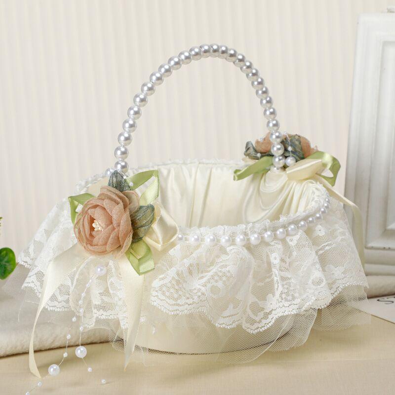 Ivory White Rose Wedding Flower Basket for Bride and Flower Girl