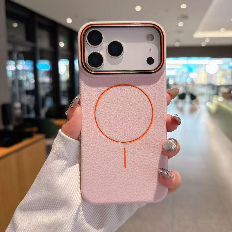 Apple 17promax thin ring magnetic mobile phone case iPhone16 large hole 15 lychee pattern 14 anti-drop 13 protective case