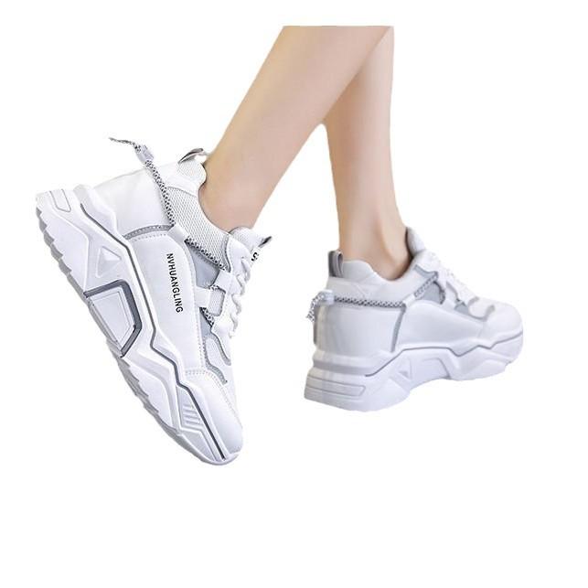 Inner Heightening Muffin Sole Sneakers Autumn and Winter New Thick-soled Lace-up Casual Shoes Color Matching Mesh Dad Shoes