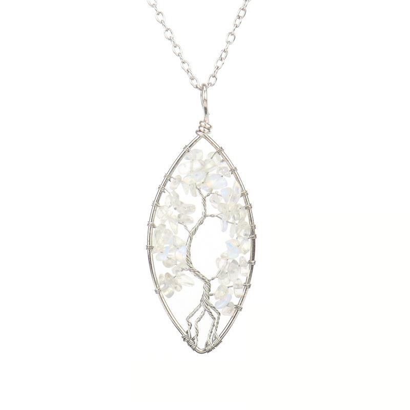 Hand-Wrapped Silver Natural Gravel Tree Of Life Necklace, Curved Crystal Lucky Tree Leaf Necklace N04