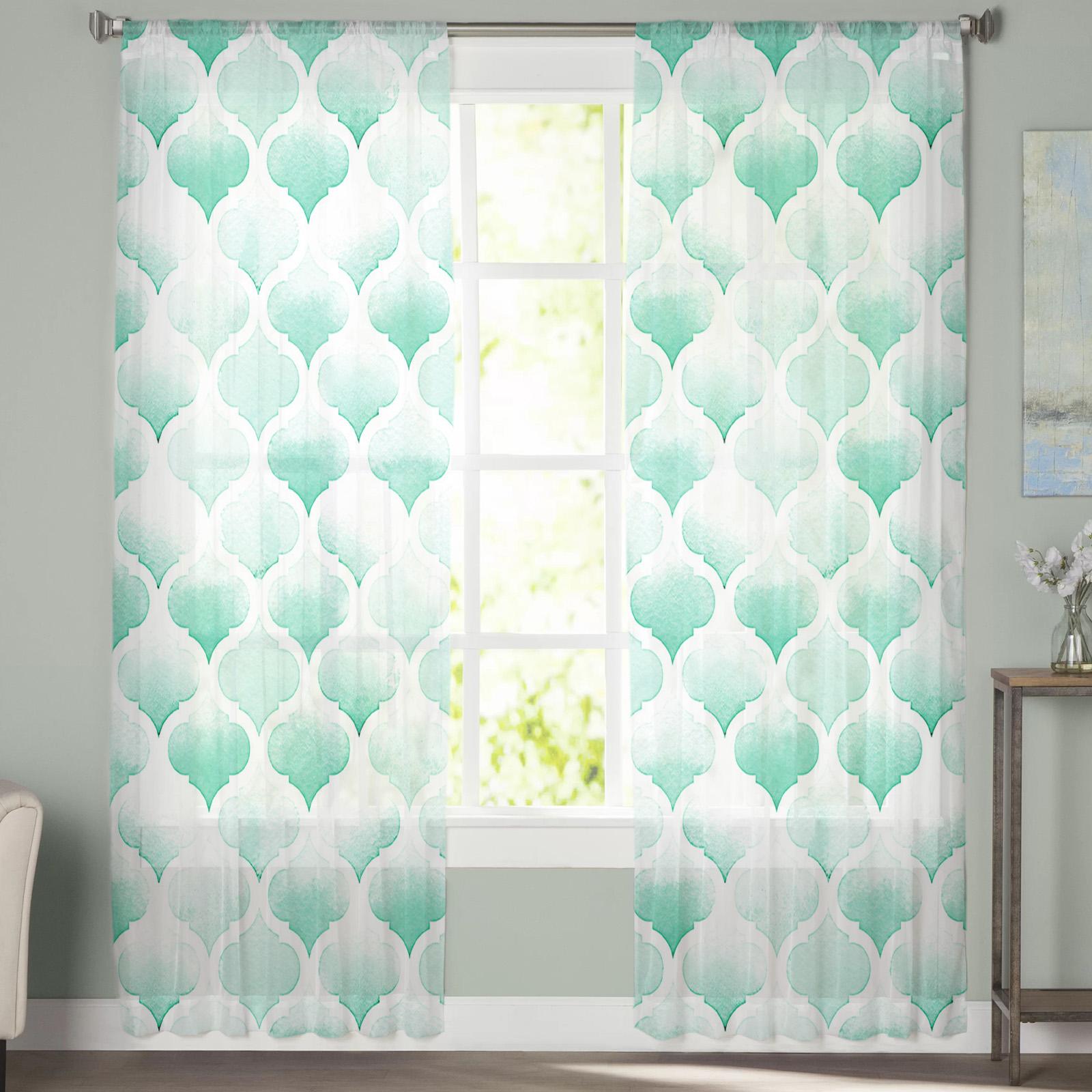 Акварельные шторы из зеленой вуали для гостиной — фото 2