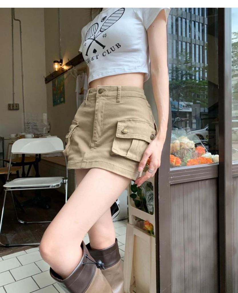 2023 Summer Khaki Denim Workwear Dress: Slimming American Style, High Waist A-Line Midi Skirt