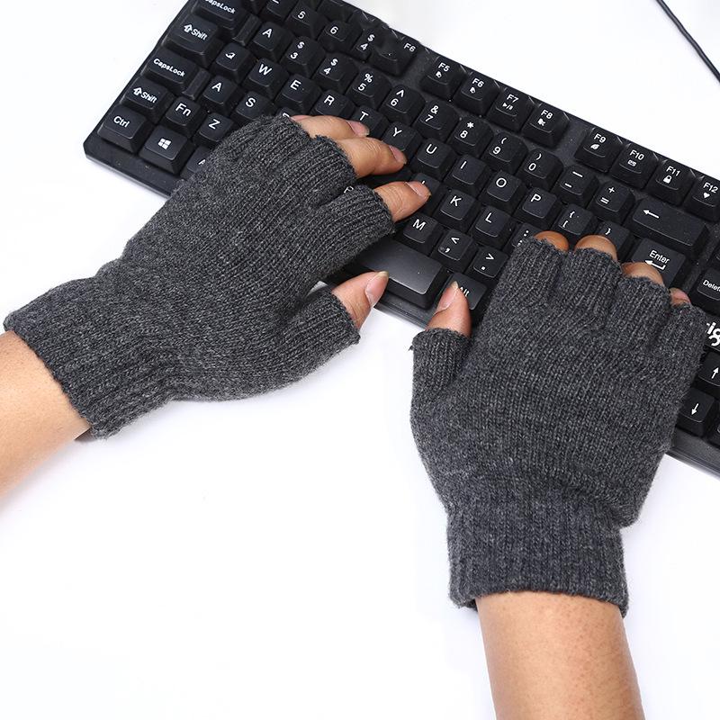 Herren Halb-Finger Strickwollhandschuhe - Warm, Dick, Einfarbig, Fingerlos zum Tippen