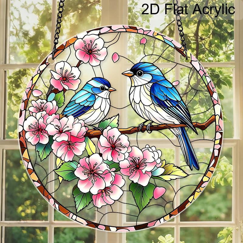 2D Flat Acrylic Peach Blossom Birds Suncatcher Decorative Hanging Ornament, 7.87/11.81inches Love Birds Home Window Porch Wall Garden Tree Decor