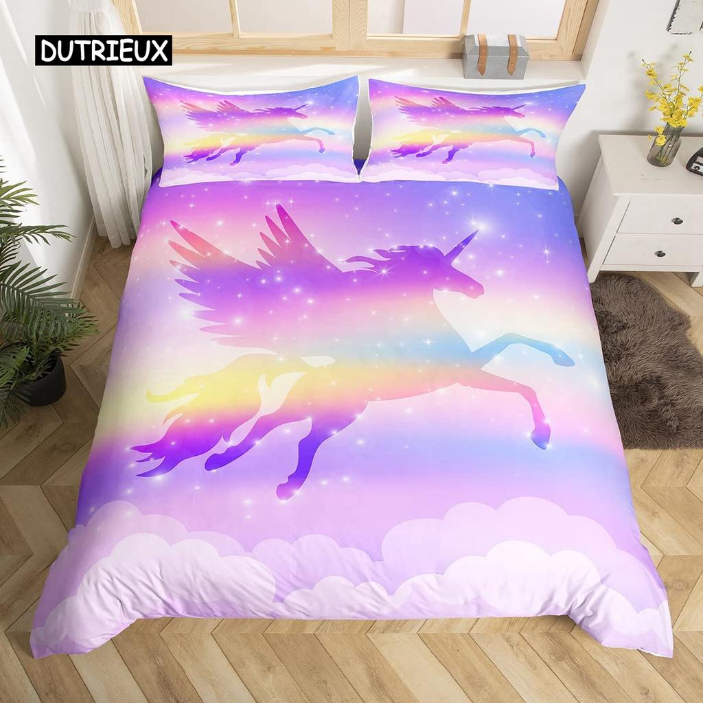 Unicorn Duvet Cover Set Cartoon Animal Galaxy Star Floral Bedding Set for Kids Girls Polyester Romantic Theme Comforter Cover