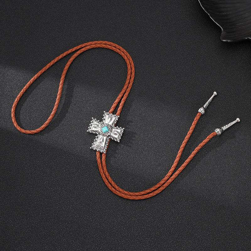Punk denim bolo tie tie cross turquoise sweater chain rope alloy pendant necklace