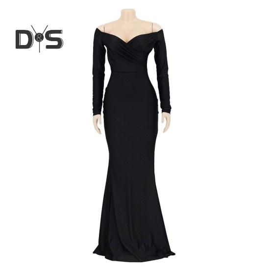 Lady Evening Dress V Neck Off Shoulder Side Slit Floor Length Long Sleeves Pleated Slim Fit Maxi Dress Ball Gown Banquet Party Dress