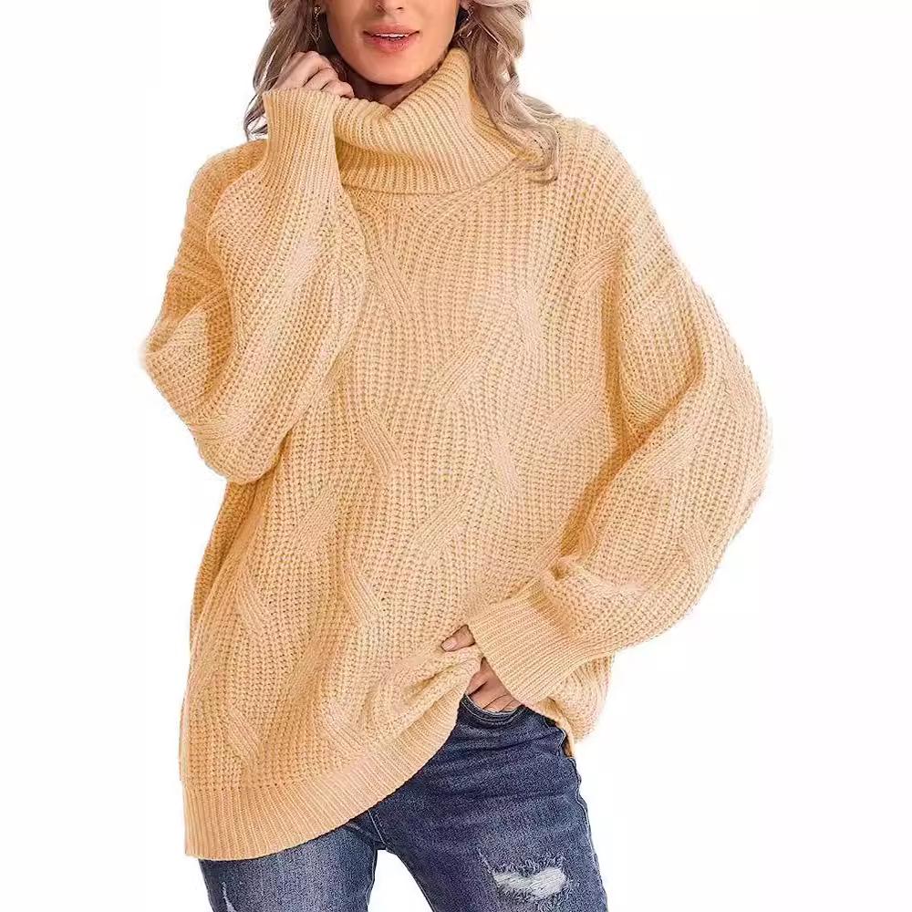 2026 Autumn/Winter Women's Loose High Neck Cable Knit Sweater Pullover