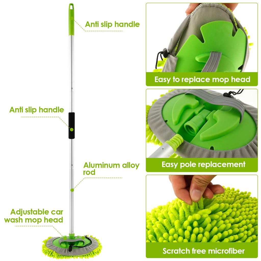 2Pcs 62" Car Cleaning Brush Mop Kit 180° Rotating Adjustable Scratch-Free Microfibre Car Wash Mop with Replaceable Sponge Head