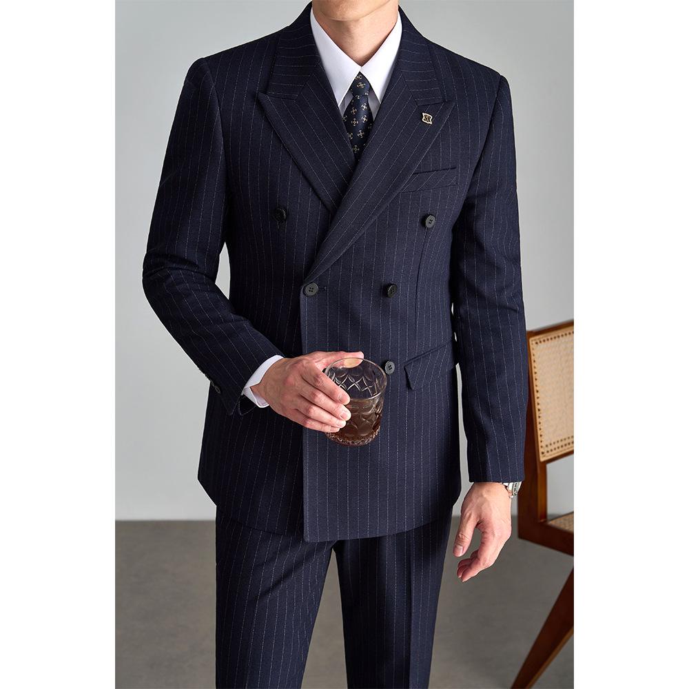 Men's Old Money Double-Breasted Striped Suit Set - Business Casual, High-End Professional Attire for Formal or Wedding Events
