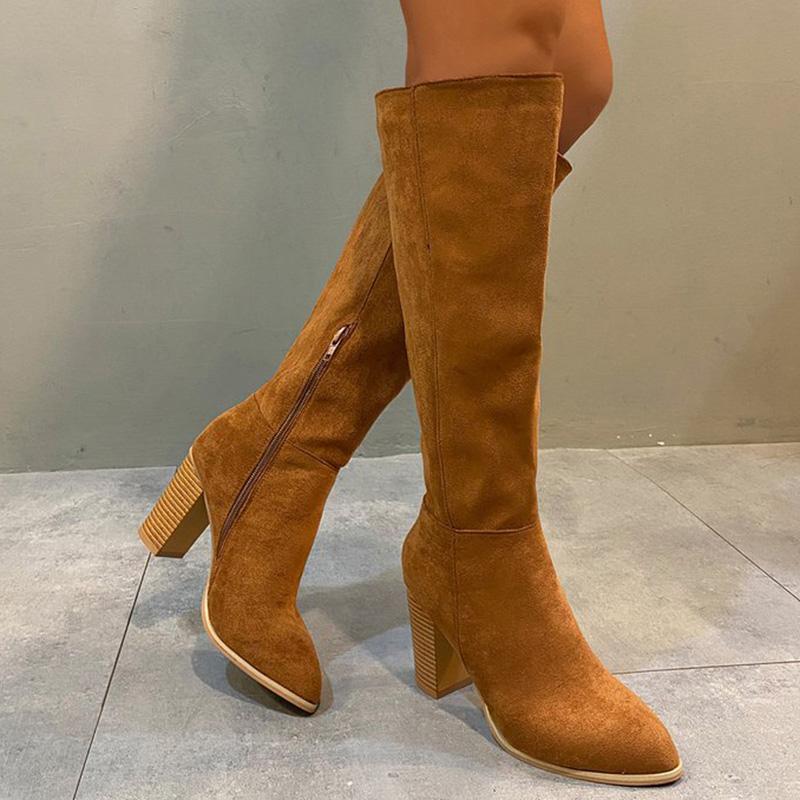 Fashion Retro Zipper Plus Size High Heel Boots Women Autumn Winter Faux Suede Mid-Calf Boots Woman Solid Color Modern Booties Female
