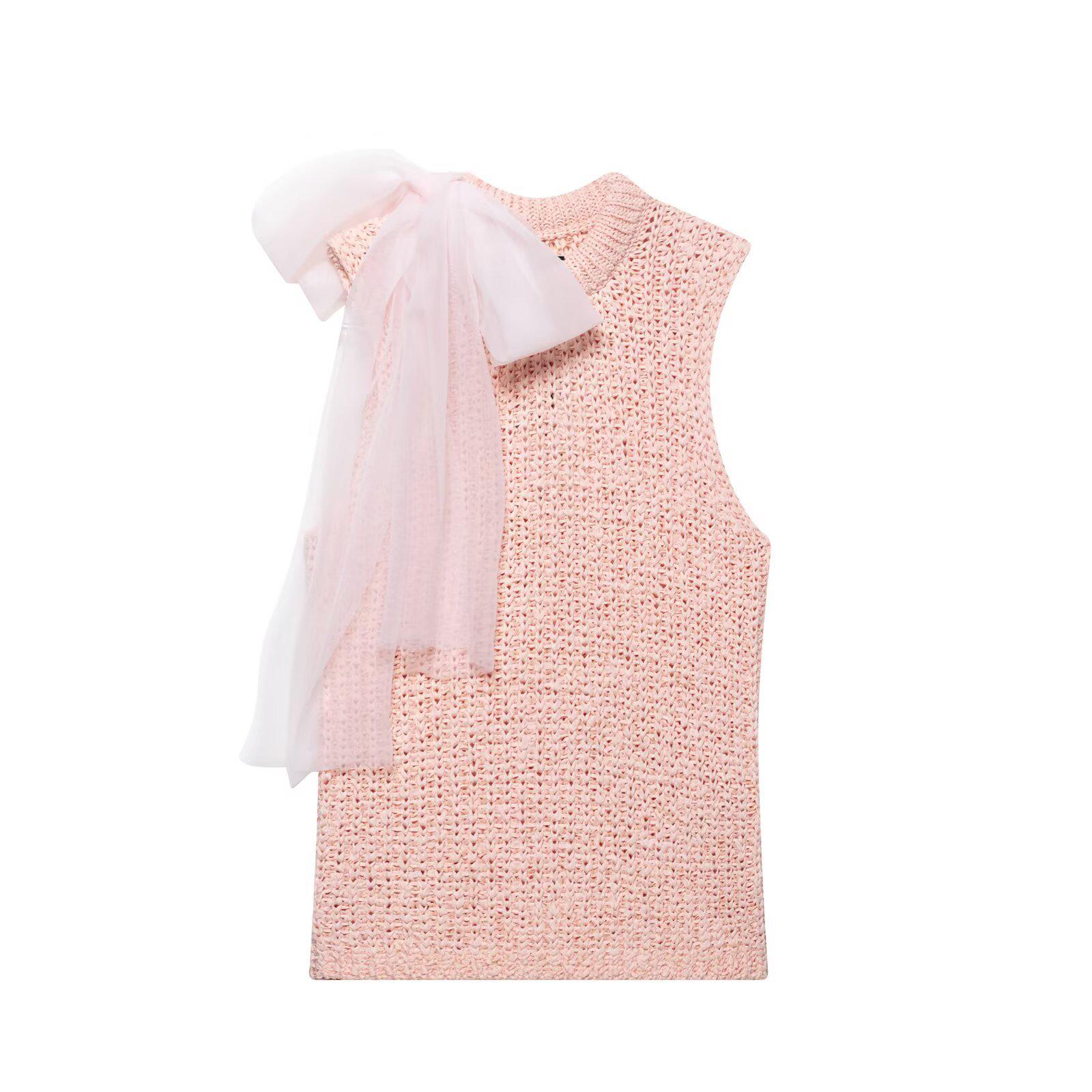 

2025 Spring/Summer Women s Sheer Bow-Adorned Knit Top Small