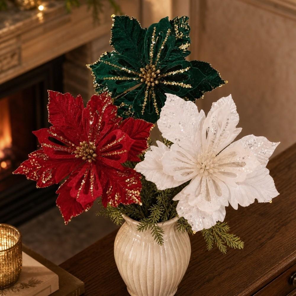 Realistic Christmas Tree Flower Picks Flocking Glitter Christmas Flower Stem Xmas Tree Decor