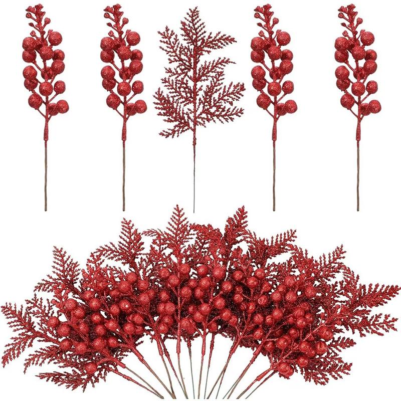 5Pcs Christmas Decoration Glitter Berrie Artificial Flower Bouquet Christmas Tree Ornaments for Home New Year 2025 Navidad Decor