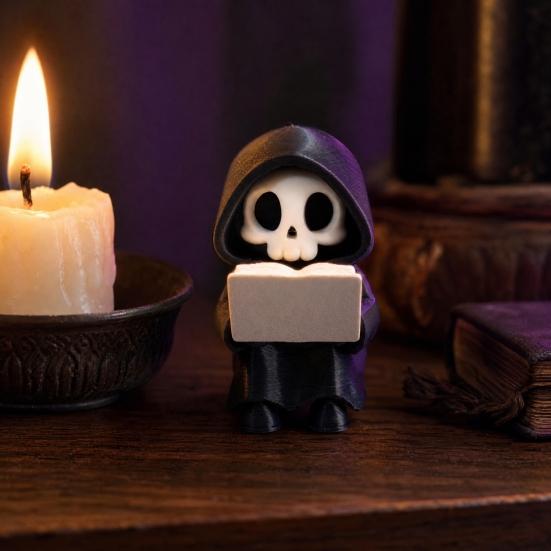 Grim Reaper Reading Figurine, 3D Printed Mini Skull Grim Reaper Statue, Cute Gothic Skeleton Ornament for Bookshelf, Desk, Shelf, Halloween Home Decor