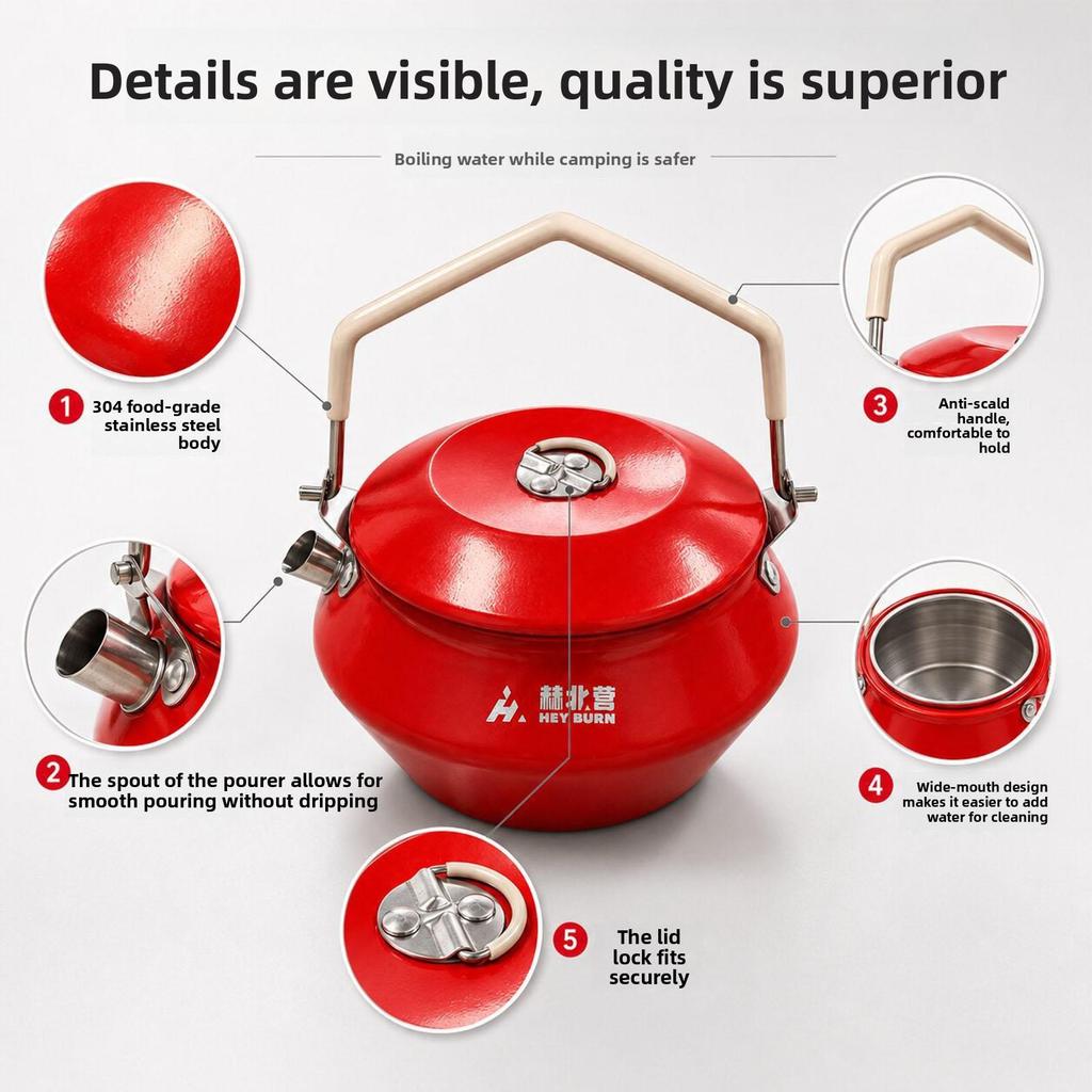 Camping Kettle 304 Stainless Steel Outdoor Coffee Tea Pot with Thick Silicone Handle Red Enamel Coating Fast Heating Portable Water Boiler for Hiking