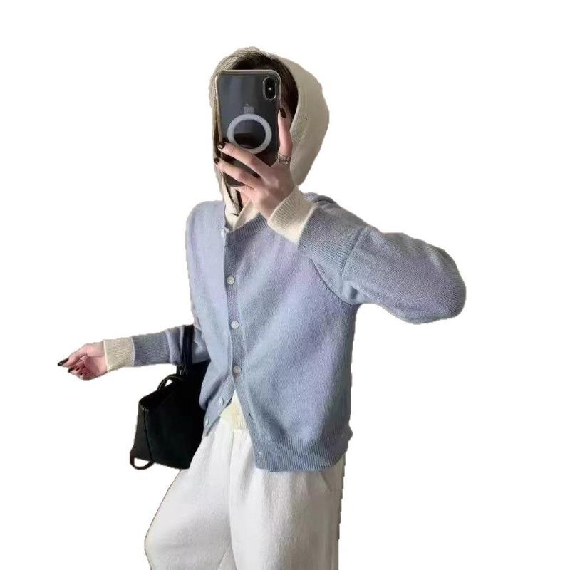 New Versatile Fake Two-piece Color Matching Hooded Knitted Cardigan Women's Loose Long-sleeved Sweater Cardigan Women's