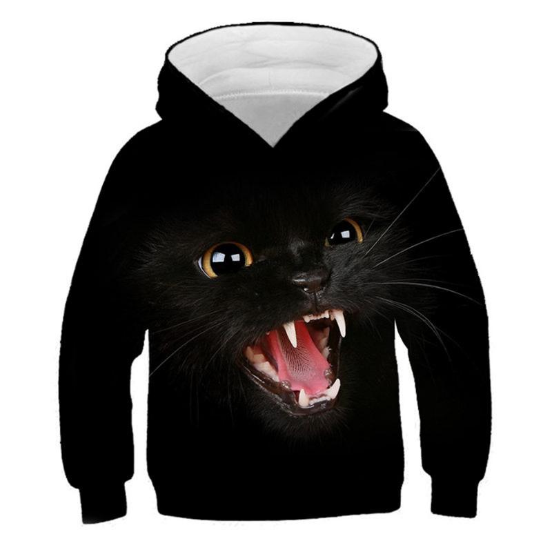 2025 Children 3D Hoodies Boys Girls Lovely Black Animal Cat Print Hooded Sweatshirts Kids Pullovers Clothes Tops