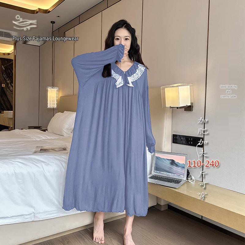 Autumn Plus Size Lace Long Sleeve Modal Dress - Versatile Women's Homewear Pajamas